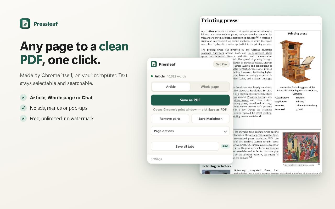 Pressleaf popup on a long article: Article, Whole page and Chat modes and a Save as PDF button.