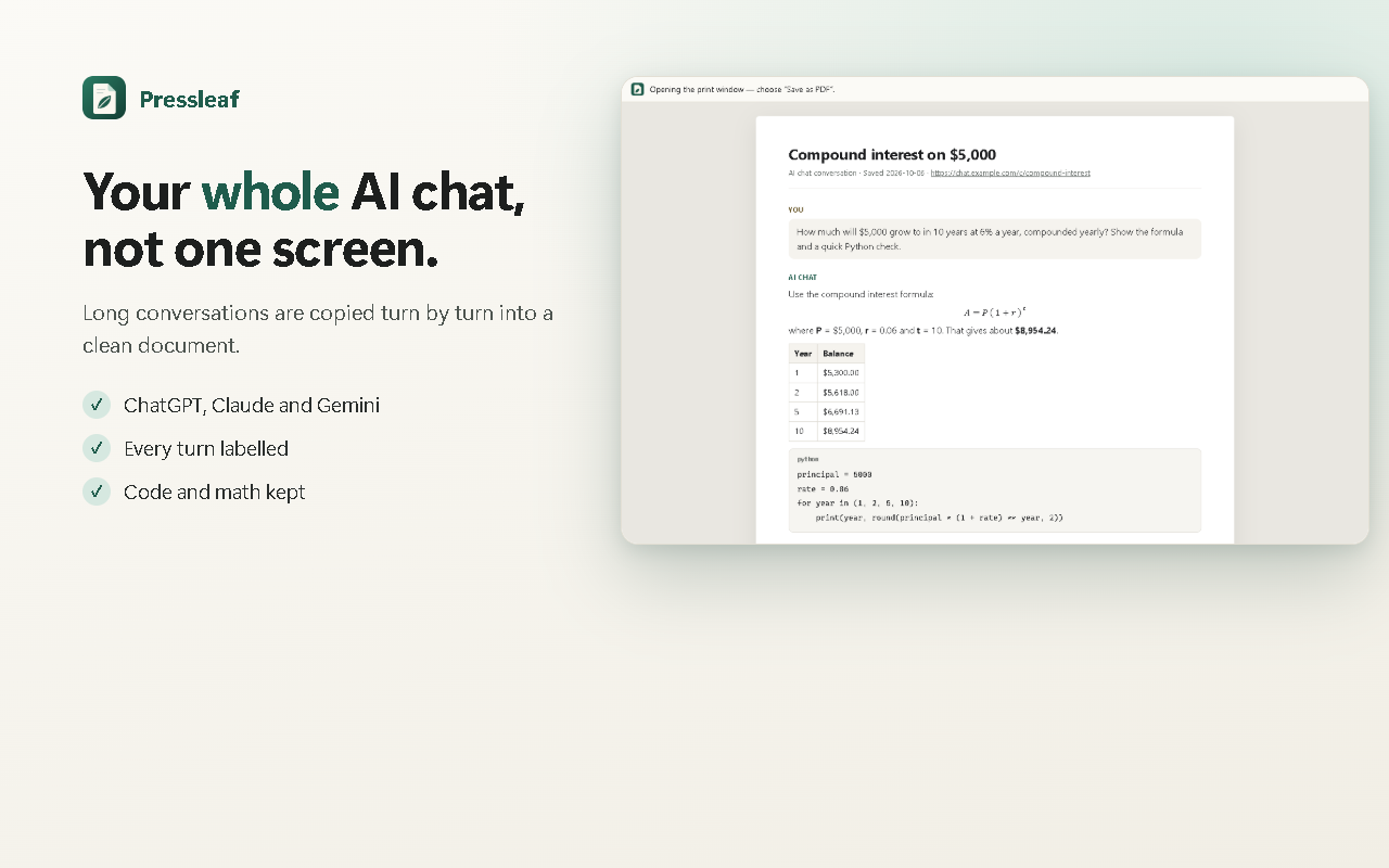 An AI conversation saved by Pressleaf as a clean document: each turn labelled, code blocks and math kept.