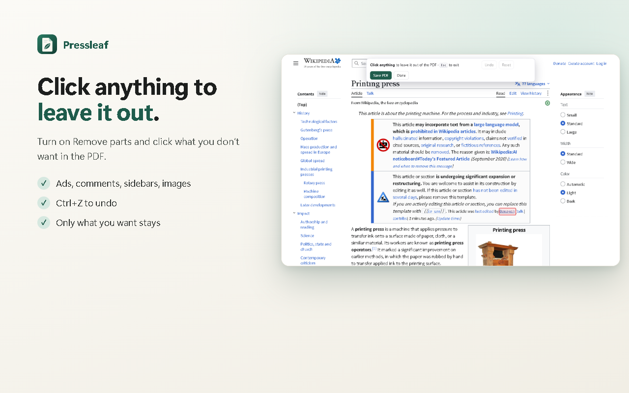 Pressleaf remove mode: click any part of a page to leave it out of the PDF.