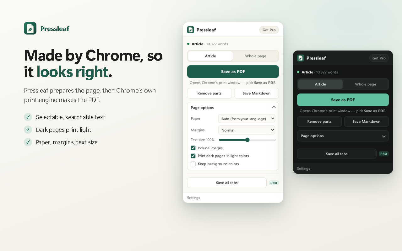 Pressleaf page options: paper size, margins, text size, images and light colors for dark pages.